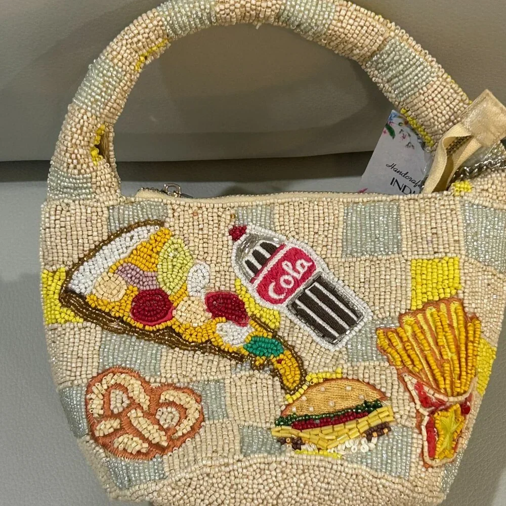 Food Pizza Burger Coke Fries Hotdog Beaded Bag Handcrafted in India NWT Viral